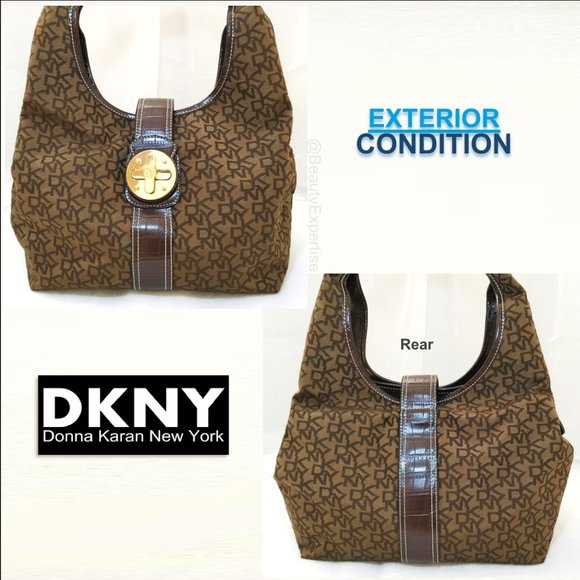 DKNY Brown Hobo Bag Monogram Jacquard Gold Buckle Turnlock Flap Shoulder… - Picture 11 of 13